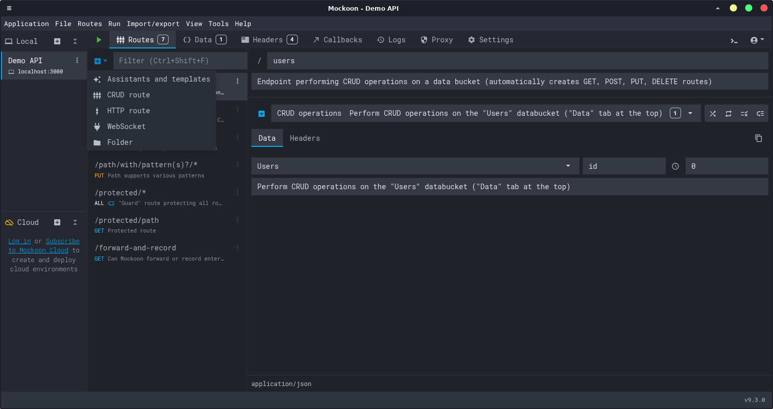 Mockoon dashboard showing the main interface with the New Route button highlighted