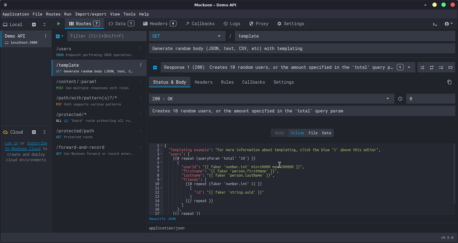 Response configuration panel displaying the Body tab with sample JSON response