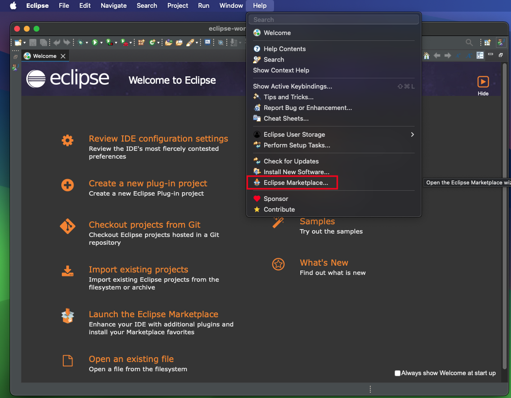 Eclipse IDE with the Help menu open, highlighting the Eclipse Marketplace option.