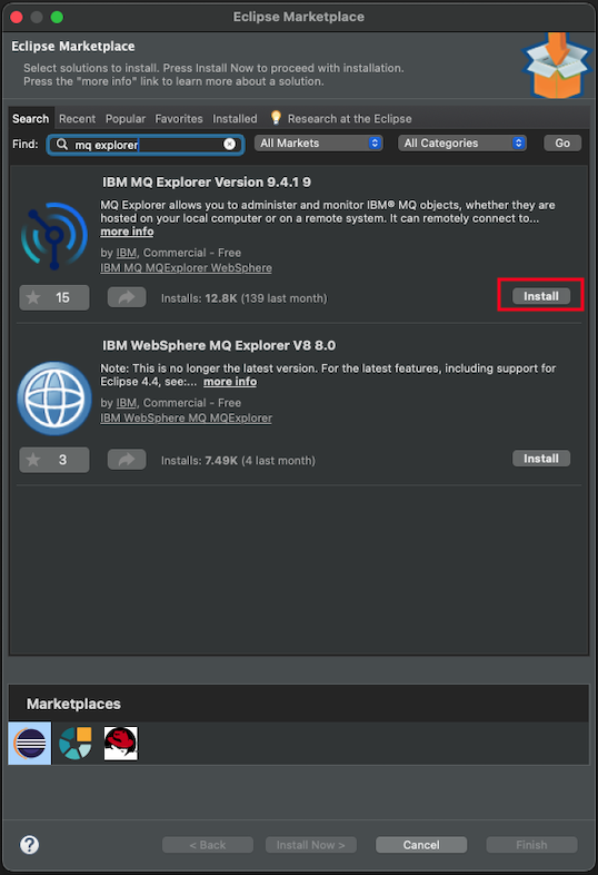 The Eclipse Marketplace window showing search results for &lsquo;mq explorer&rsquo; with the Install button for IBM MQ Explorer highlighted.