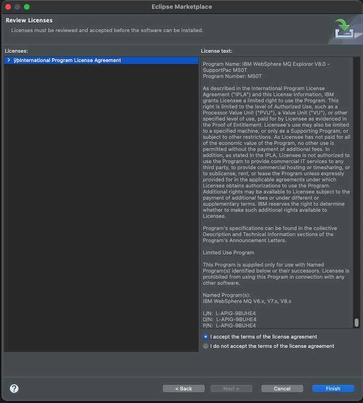 The &lsquo;Review Licenses&rsquo; dialog where the &lsquo;I accept the terms of the license agreement&rsquo; radio button is selected.