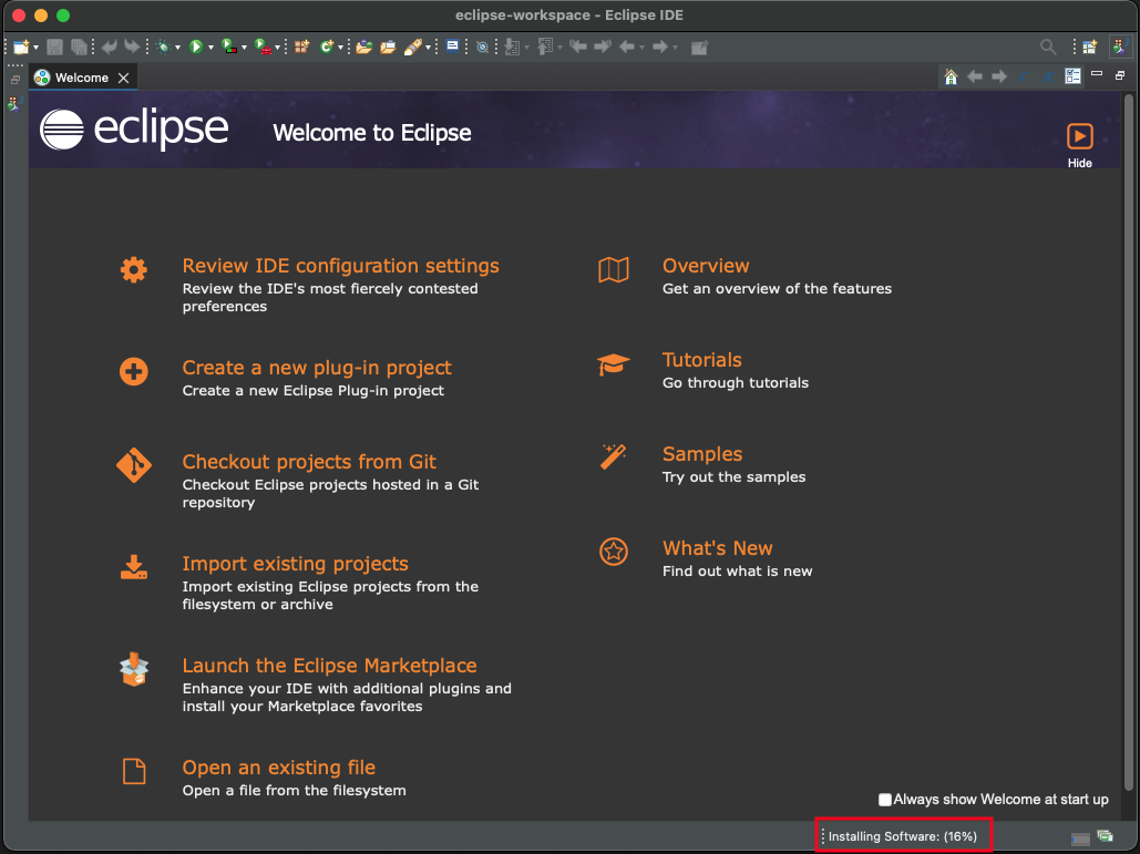 The bottom-right corner of the Eclipse IDE showing an &lsquo;Installing Software&rsquo; progress bar.
