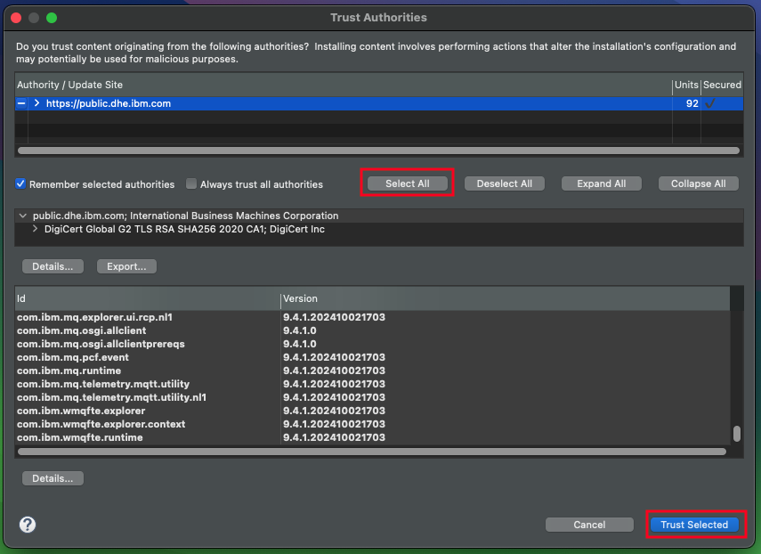 The &lsquo;Trust Authorities&rsquo; security dialog listing certificates to trust, with the &lsquo;Select All&rsquo; and &lsquo;Trust Selected&rsquo; buttons available.