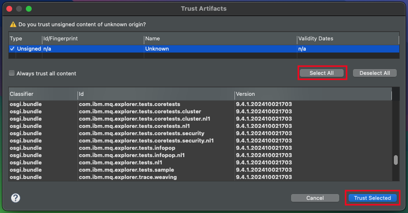 The &lsquo;Trust Artifacts&rsquo; security dialog for unsigned content, showing options to trust the content.