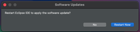 The &lsquo;Software Updates&rsquo; dialog box prompting the user to restart the IDE, with the &lsquo;Restart Now&rsquo; button highlighted.