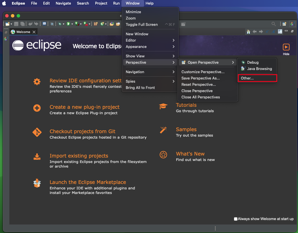 Eclipse main menu showing the navigation path: Window > Perspective > Open Perspective > Other&mldr;.