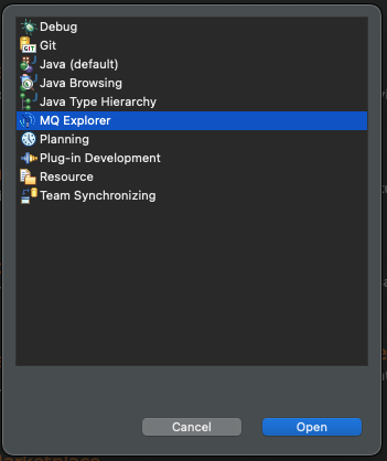 The &lsquo;Open Perspective&rsquo; dialog with &lsquo;MQ Explorer&rsquo; highlighted from the list of choices.
