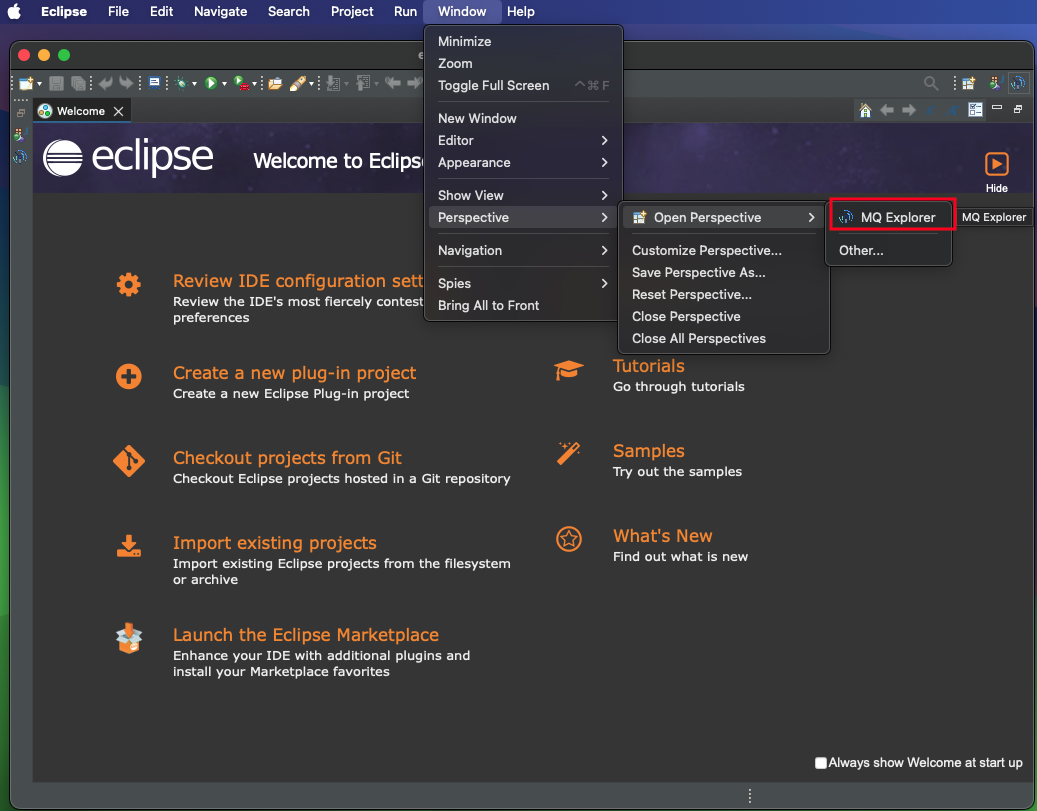 Eclipse main menu showing that &lsquo;MQ Explorer&rsquo; is now a direct option under the &lsquo;Open Perspective&rsquo; submenu.