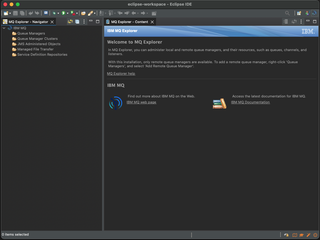 The main IBM MQ Explorer interface within Eclipse, showing the Navigator panel on the left and the &lsquo;Welcome&rsquo; content panel on the right.