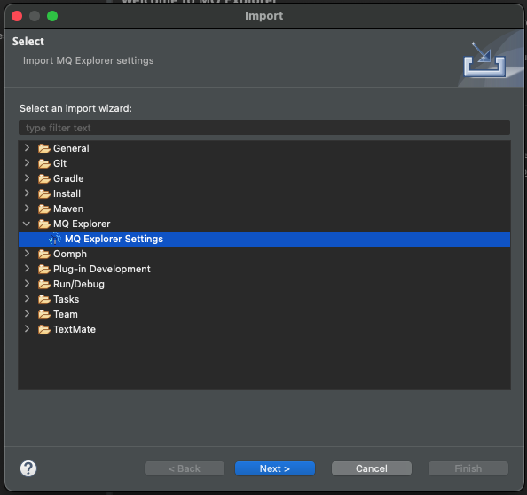 The &lsquo;Import&rsquo; wizard dialog with the &lsquo;MQ Explorer Settings&rsquo; option selected under the &lsquo;MQ Explorer&rsquo; category.
