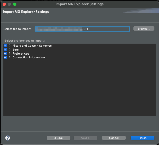The &lsquo;Import MQ Explorer Settings&rsquo; dialog showing a file path to an XML file selected for import.
